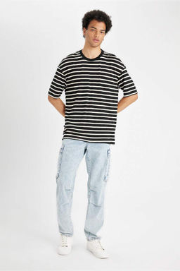 Полосатая футболка из плотной ткани с короткими рукавами и круглым вырезом Comfort Fit - Defacto фото 2