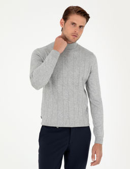 Gri Slim Fit Yar_m Bal_k__ Yaka Y_n Kar___ml_ Triko Kazak