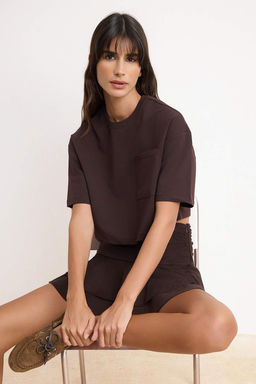 Kahverengi Boxy Dusuk Kol K?sa Kollu %100 Pamuk Orme T-Shirt TWOSS26TS00185 - Trendyolmilla фото 2