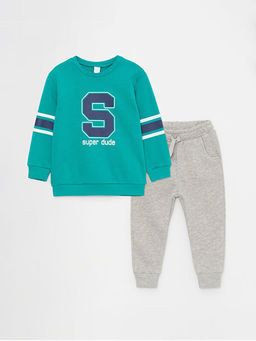 Bisiklet Yaka Bask?l? Erkek Bebek Sweatshirt ve E?ofman Alt 2li