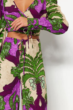 Tropikal Desenli Dokuma Plaj Yuksek Bel Bluz-Pantolon Tak?m TBESS23AU00103 - Trendyolmilla фото 5