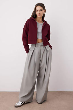 Bordo Fermuarl? Kapusonlu Rahat Kesim Crop Kal?n Ici Polarl? Orme Sweatshirt TWOAW20SW0660
