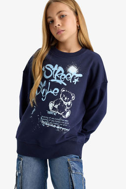 Oversize Geni_ Kal_p Bisiklet Yaka Bask_l_ Sweatshirt K_z _ocuk - Defacto фото 4