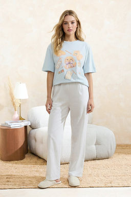 Mavi %100 Pamuklu Cizgili ve Eglence Desenli Orme Pijama Tak?m? THMSS26PT00007