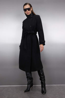 Siyah Dik Yaka Diagonel Kruvaze Regular Uzun Kase Kaban TWOAW26KB00048 - Trendyolmilla фото 4