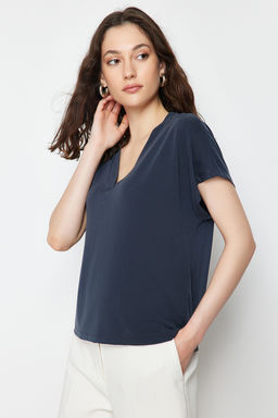 TRENDYOLMILLA Antrasit Modal V Yaka Relaxed/Rahat Kesim Orme T-Shirt TWOSS24TS00043 фото 3