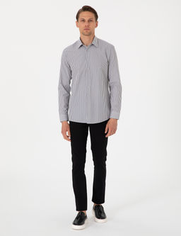 Siyah Slim Fit _izgili Uzun Kollu G_mlek