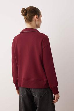 Bordo Fermuarl? Polo Yaka Serit Detayl? Regular/Normal Kesim Orme Sweatshirt TWOAW26SW00034