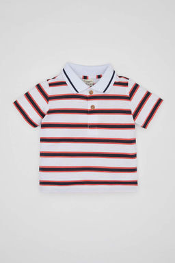 Полосатая футболка-поло из пике с короткими рукавами для маленьких мальчиков