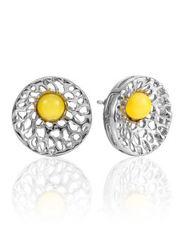 Ажурные серьги-пусеты со вставками из янтаря медового цвета Венера