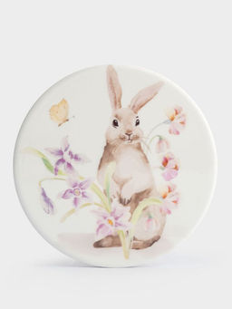 Подставка под кружку, 11 см, круглая, керамика/пробка, белая, Кролик в цветах, Flower Rabbit