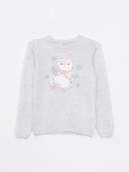 Bisiklet Yaka Desenli Pul ??lemeli Uzun Kollu K?z ?ocuk Triko Kazak