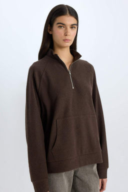 Oversize Genis Kal?p Basic Duz Kanguru Cepli Fermuarl? Polo Yaka Sweatshirt - Defacto фото 2