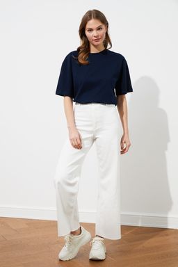 Lacivert %100 Pamuk S?rt Nak?sl? Relaxed/Genis Rahat Kesim Bisiklet Yaka Orme T-Shirt TWOSS20TS0121