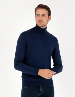 A__k Lacivert Slim Fit Bal_k__ Yaka Basic Triko Kazak