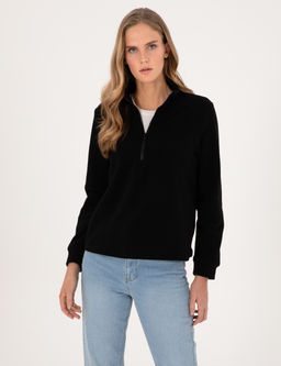 Siyah Comfort Fit Fermuarl_ Polar Sweatshirt