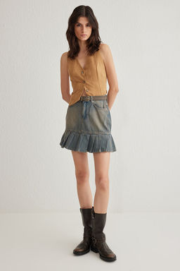 TRENDYOLMILLA Mavi Soluk Efekt Vintage Pileli Mini Denim Skater Etek TWOSS25ET00003 фото 2