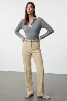 Bej Straight/Duz Kesim Yuksek Bel Nervur Dikisli Dokuma Pantolon TWOSS21PL0093
