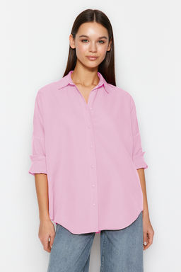 Pembe Pamuklu Oversize Genis Kal?p Dokuma Gomlek TWOSS22GO0669