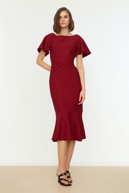 TRENDYOLMILLA Beyaz Fitted/Vucuda Oturan Volanl? Astarl? Midi Dokuma Elbise TWOSS20EL1342