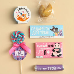 Подарочный набор С днём рождения в бенто коробке: леденец со вкусом грейпфрут-гуава 15 г., леденецы в тубусе мульти 32 г., жевательная резинка 15 г., молочный шоколад 27 г., печенье с предсказанием 6 г., жевательная конфета 10 г. - Фабрика счастья фото 3