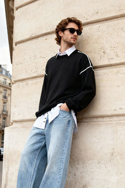 Siyah Oversize Bisiklet Yaka Biye Detayl? Triko Kazak TMNAW22KZ0142