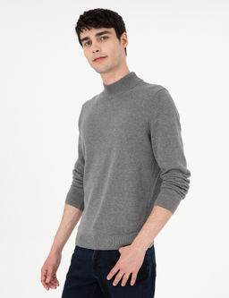 Gri Melanj Slim Fit Yar_m Bal_k__ Yaka Basic Triko Kazak