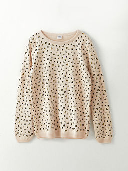 Bisiklet Yaka Bask?l? Uzun Kollu K?z ?ocuk Triko Kazak