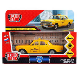 Технопарк. Газ-2401 "Волга. Такси" металл 12 см, двери, багаж, инерц, кор. арт.2401-12TAX-YE