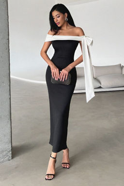 TRENDYOLMILLA Siyah-Beyaz Vucuda Oturan Omuz Fiyonk Detayl? Orme S?k Elbise TPRSS25EL00293 фото 6