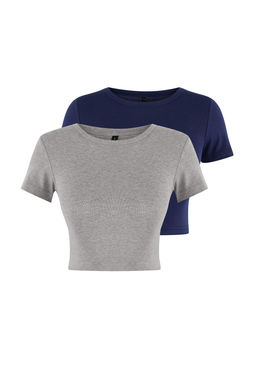 Lacivert-Gri Melanj 2li Paket Crop Viskoz/Yumusak Kumas Esnek Orme Bluz TWOSS23BZ00108