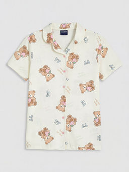 G?mlek Yaka Bask?l? K?z ?ocuk ?ortlu Pijama Tak?m