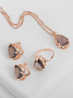 Гарнитур 3 предмета: серьги, кулон, кольцо безразмерное Эдель капля, цвет серый в золоте, 45 см