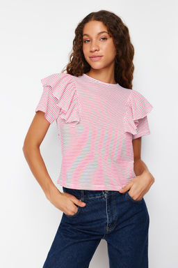 TRENDYOLMILLA Siyah Kollar? F?rf?rl? Regular/Normal Kal?p Cizgili Bisiklet Yaka Orme T-Shirt TWOSS24TS00061 фото 9