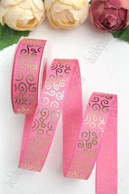 Лента репсовая 2,5 см*20 ярд "Узор" SF-5852, розовый/золото №05