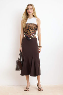 Kahverengi A-Kesim/Can Form Yuksek Bel Midi Esnek Orme Etek TWOSS26ET00063