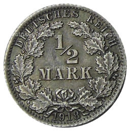 Монета 1/2 марки 1918 года A Германия