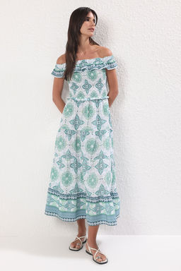 Yesil Cicekli A Kesim Gipe Detayl? Maxi Dokuma Elbise TWOSS25EL00195