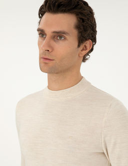 Bej Slim Fit Y_n Kar___ml_ _eyrek Bal_k__ Yaka Basic Triko Kazak