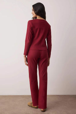 Bordo Pamuklu H?rka F?rcal? Yumusak Tuse K?sl?k Fitilli Orme Pijama Tak?m? THMAW26PT00216