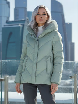 Куртка зимняя женская из овчина стильная и модная салатового цвета 7348Sl