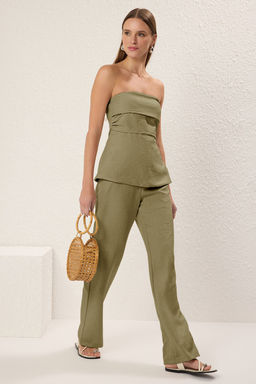 Haki Keten Gorunumlu Straplez Bluz ve Pantolon Dokuma Alt-Ust Tak?m TWOSS25AU00092 - Trendyolmilla фото 3