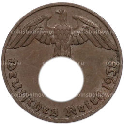Монета 1 рейхспфенниг 1938 года J Германия