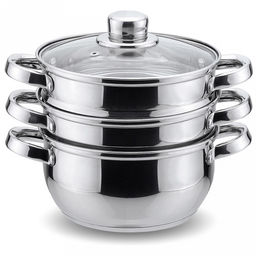 Пароварка из нержавеющей стали 2,5л, д18см, h21см, 3 уровня (2 кастрюли-дуршлаг), стеклянная крышка с паровыпуском, 3х-слойное капсульное дно, зеркальная полировка, удобные клепаные ручки не нагреваются (Китай) Подходит для всех видов плит, включая и