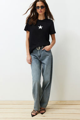 TRENDYOLMILLA Antrasit %100 Pamuk Y?ld?z Bask?l? Regular/Normal Kal?p Bisiklet Yaka Orme T-Shirt TWOSS24TS00095  фото 13