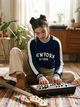 Bisiklet Yaka New York Desenli K?z ?ocuk Triko Kazak