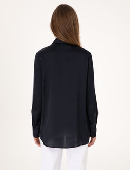 Lacivert Comfort Fit Saten Uzun Kollu G_mlek