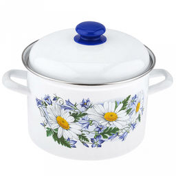 "Ромашковое поле" Кастрюля эмалированная 4,5л, форма цилиндрическая, металлическая крышка с пластмассовой ручкой-кнопкой, нержавеющий ободок (Россия)