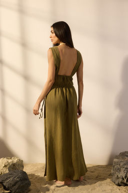 Trendyolmilla Haki Maxi Dokuma %100 Keten Buzgu Detayl? Plaj Elbisesi TBESS25EL00105 фото 4