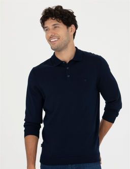 Lacivert Regular Fit Polo Yaka Y_n Kar___ml_ Basic Triko Kazak
